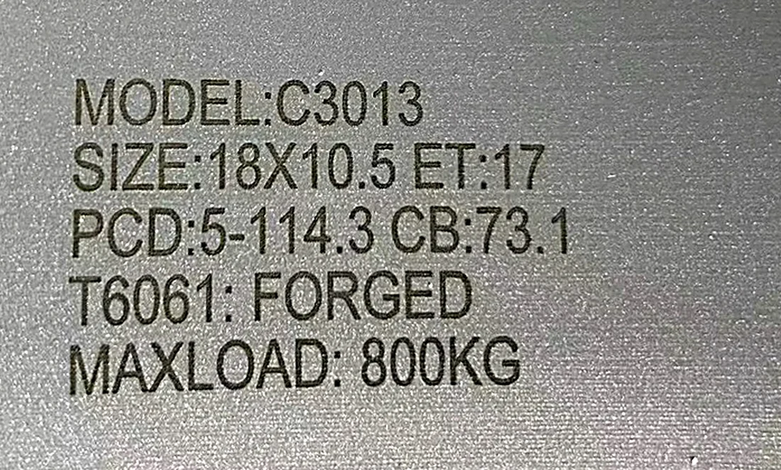 Specification stamped into the barrel of the KG01: model C3013, 18x10.5, ET17, 5-114.3, CB 73.1, T6061 forged, max load 800kg